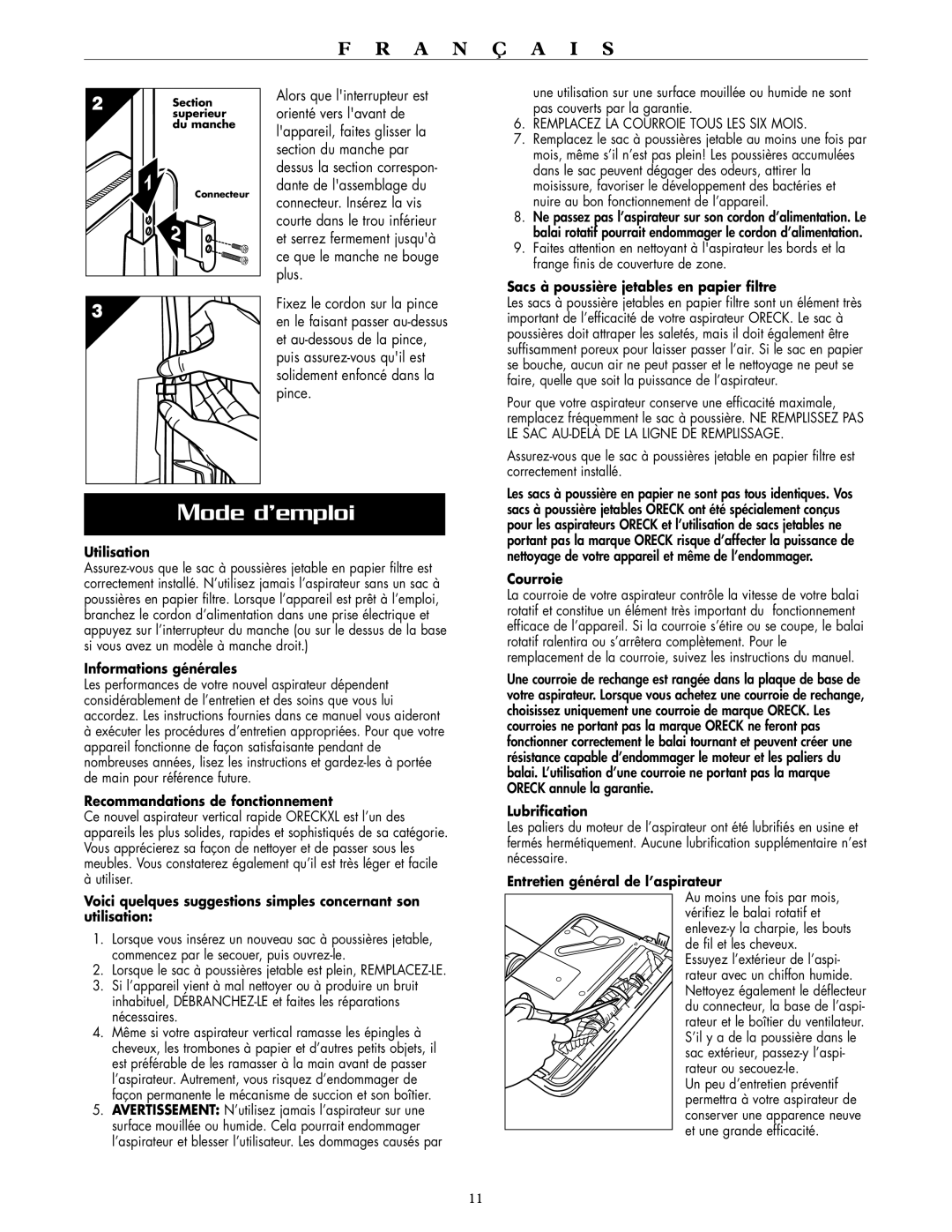 Oreck XL2100RH, XL2100HH warranty Mode d’emploi 