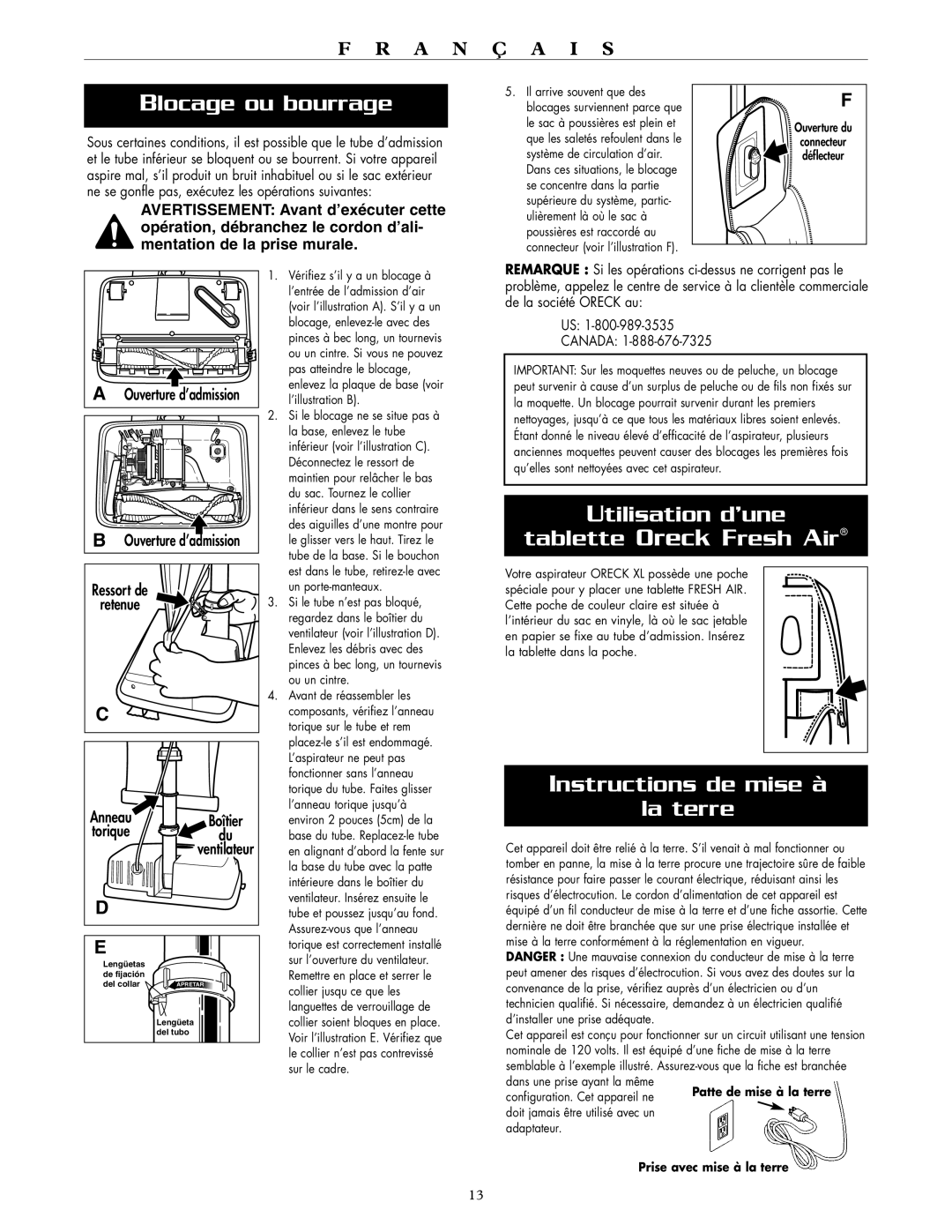 Oreck XL2100RH Blocage ou bourrage, Utilisation d’une Tablette Oreck Fresh Air, Instructions de mise à La terre, Retenue 