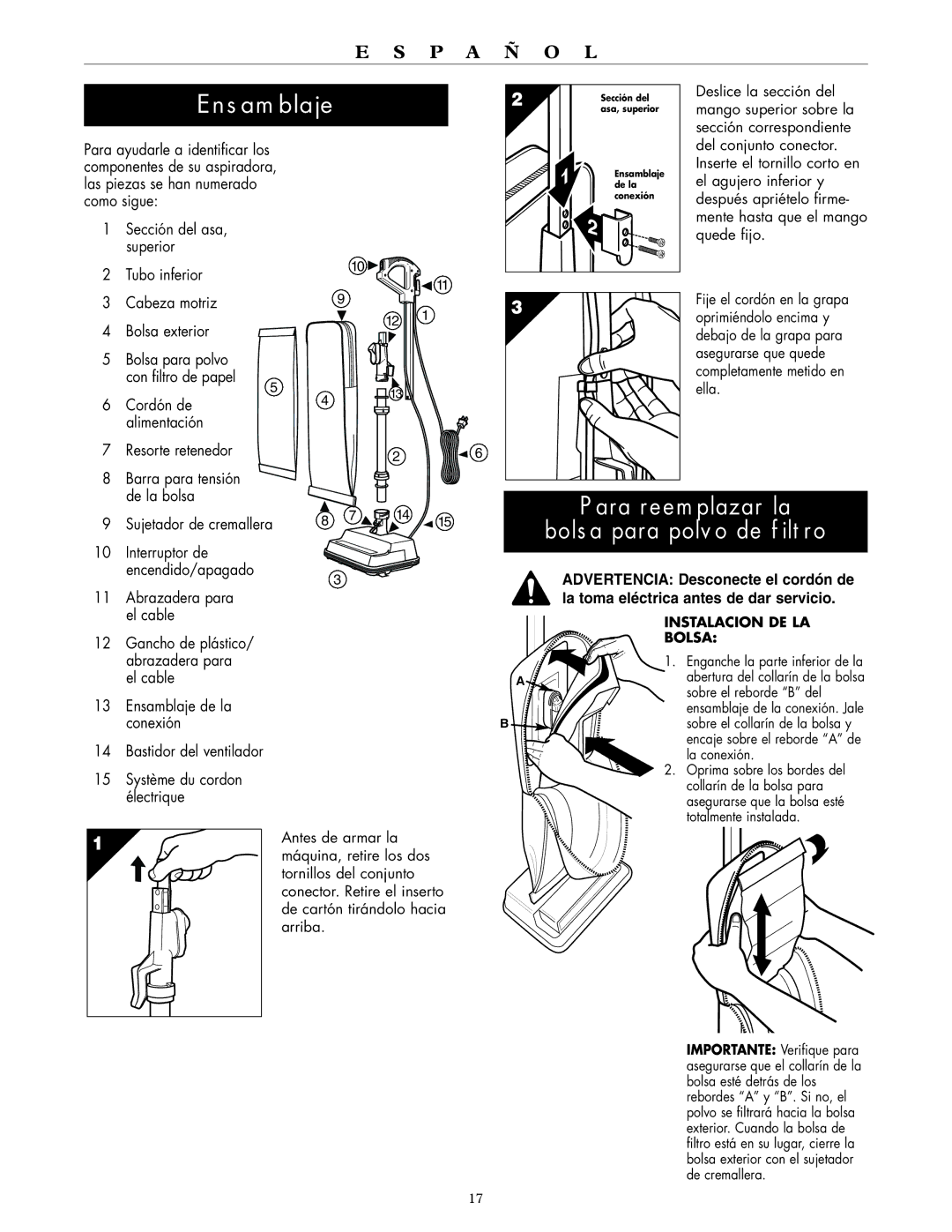 Oreck XL2100RH, XL2100HH warranty Ensamblaje, Para reemplazar la, Bolsa para polvo de filtro 