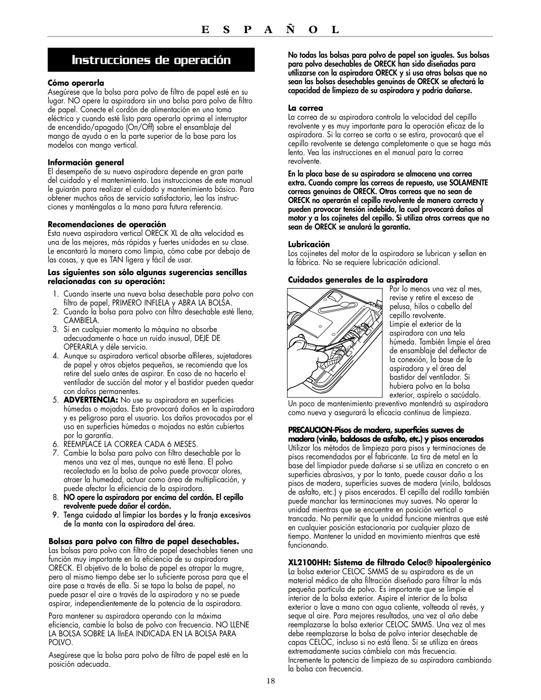 Oreck XL2100HH, XL2100RH warranty Instrucciones de operación 