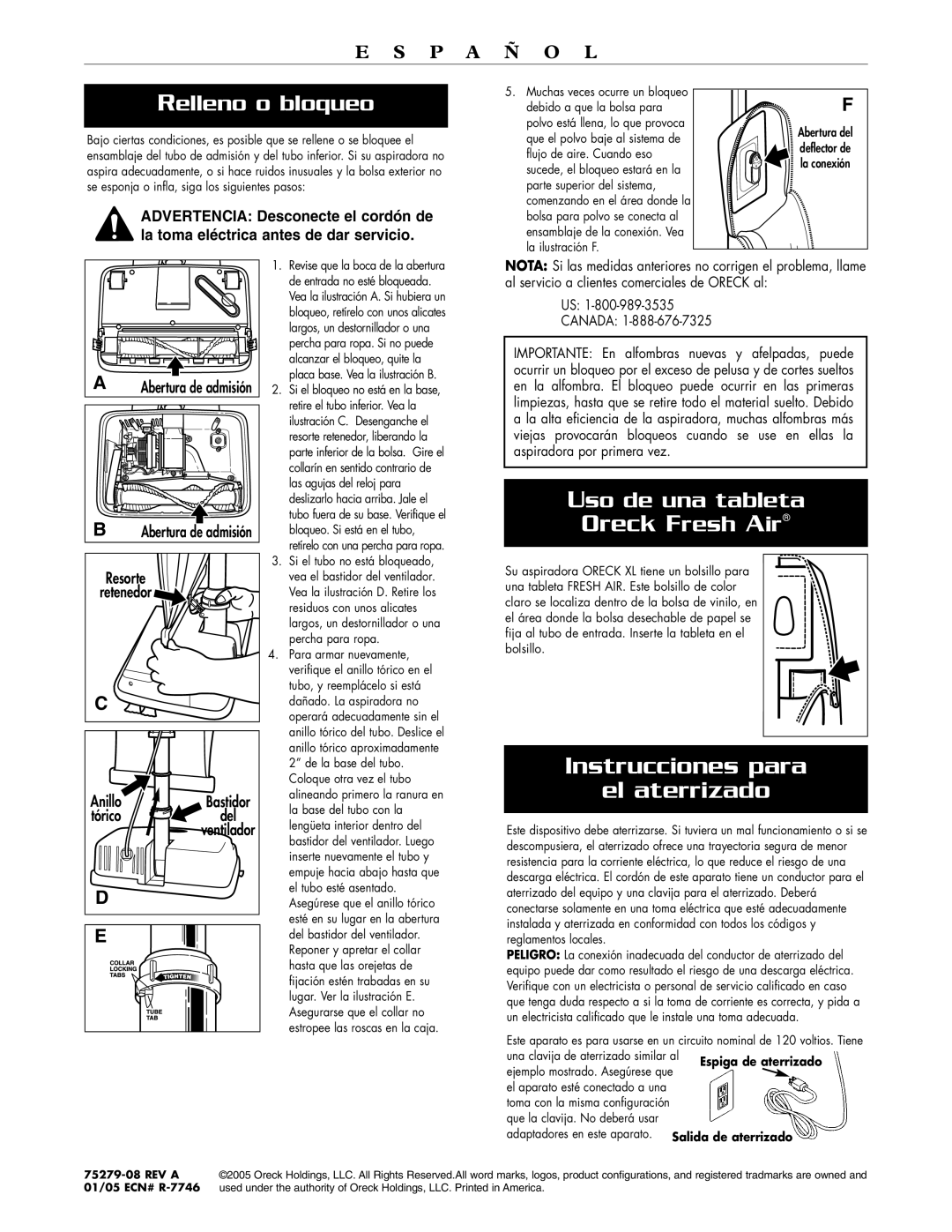 Oreck XL2100HH, XL2100RH warranty Relleno o bloqueo, Uso de una tableta, Resorte Retenedor Anillo, Tórico 