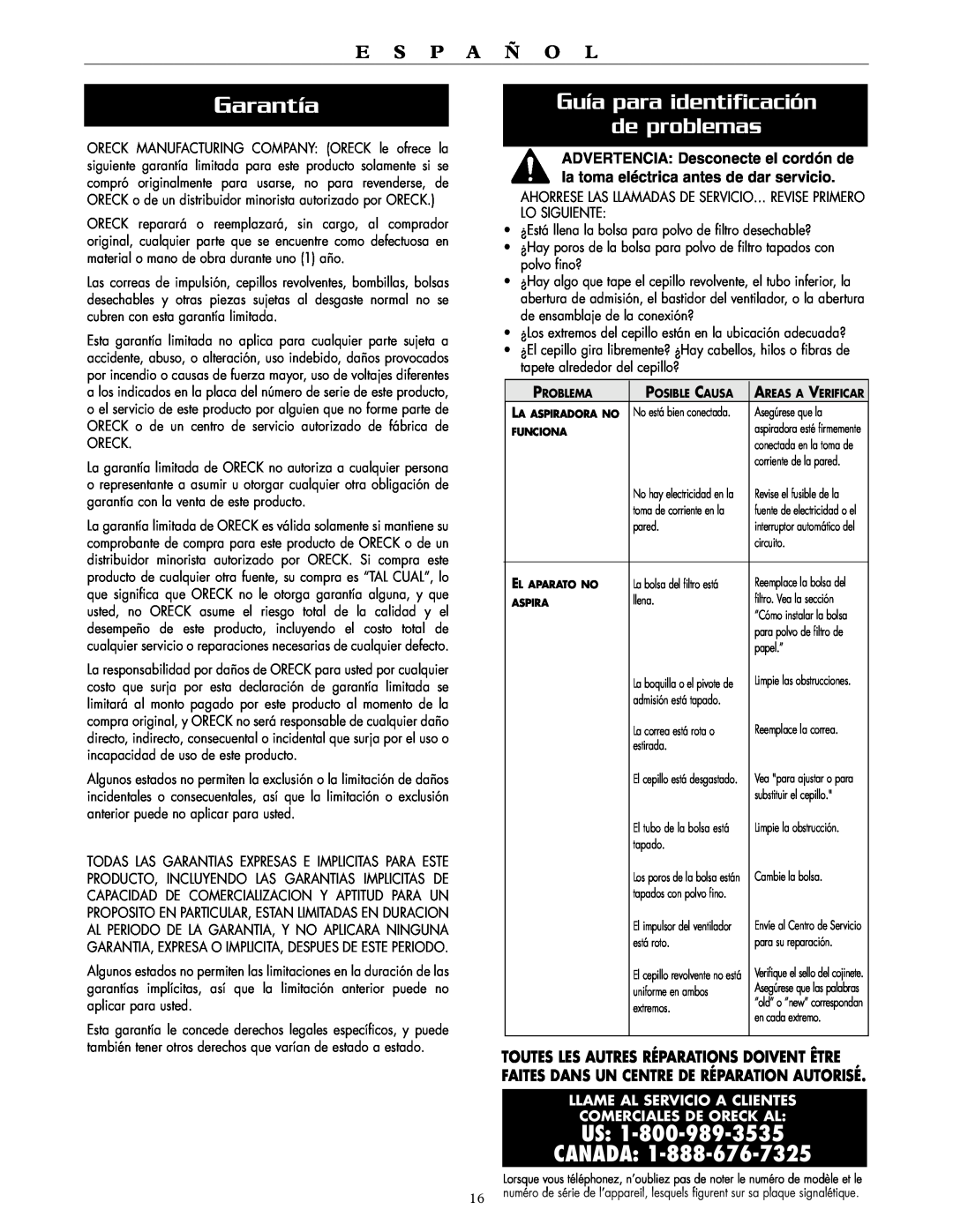 Oreck XL2100HH Garantía, Guía para identificación de problemas, Us Canada, E S P A Ñ O L, Llame Al Servicio A Clientes 