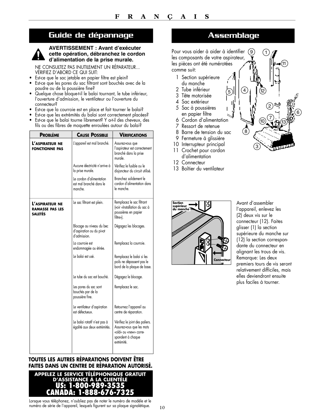 Oreck XL2300RS, XL2200RS, XL2250RS warranty Guide de dépannage, Assemblage 