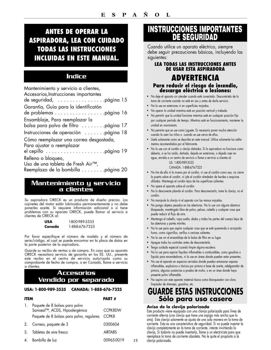 Oreck XL2200RS Indice, Mantenimiento y servicio Clientes, Accesorios Vendido por separado, Aviso de la clavija polarizada 