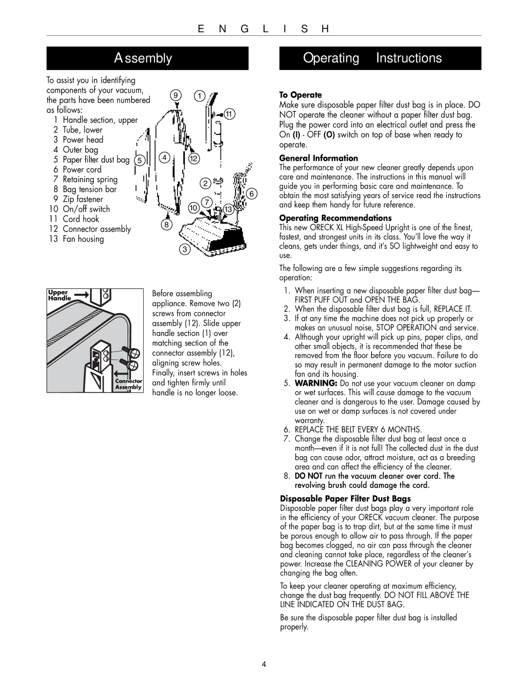 Oreck XL2300RS, XL2200RS, XL2250RS warranty Assembly Operating Instructions, To Operate 