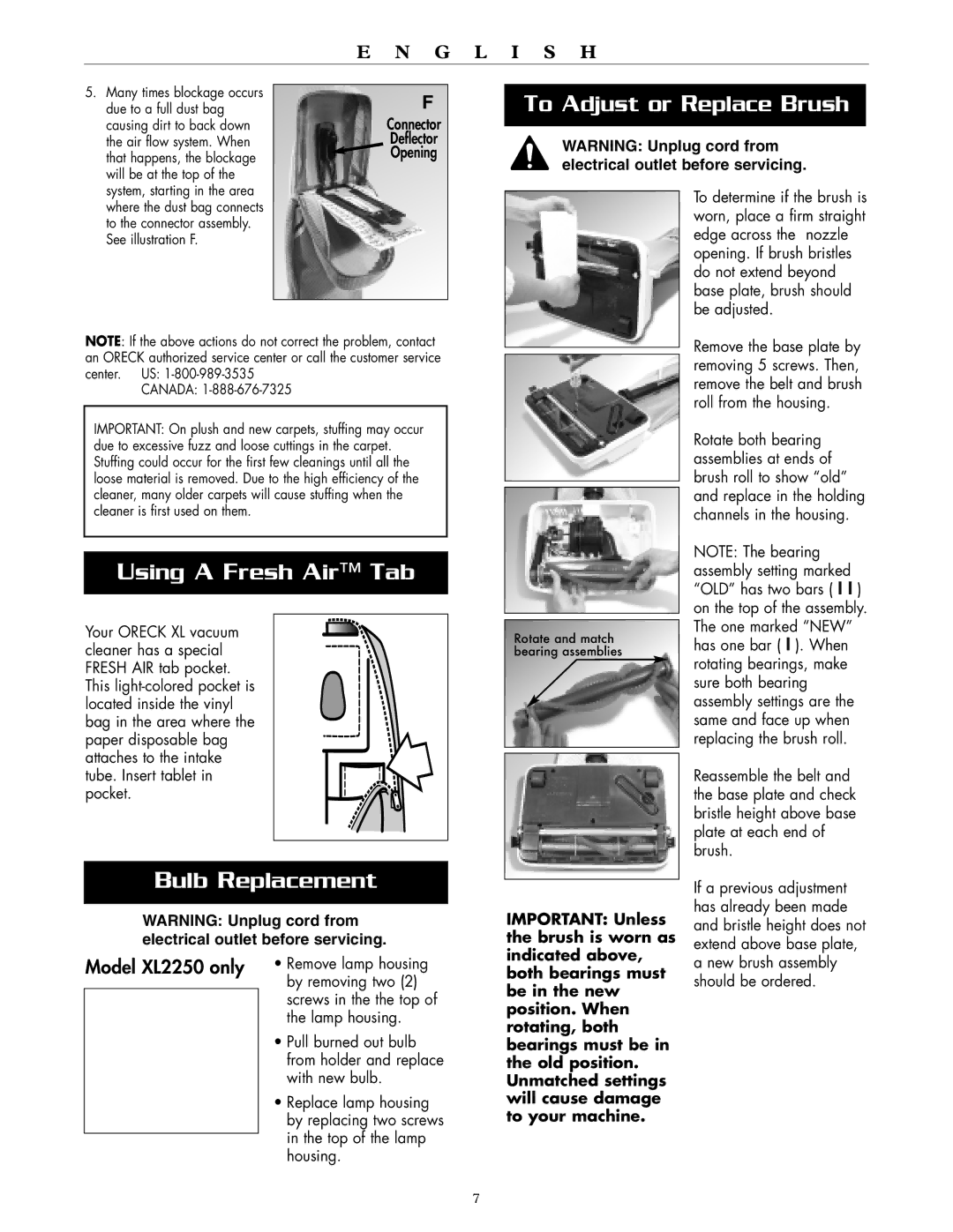 Oreck XL2300RS, XL2200RS, XL2250RS warranty To Adjust or Replace Brush, Using a Fresh Air Tab, Bulb Replacement 