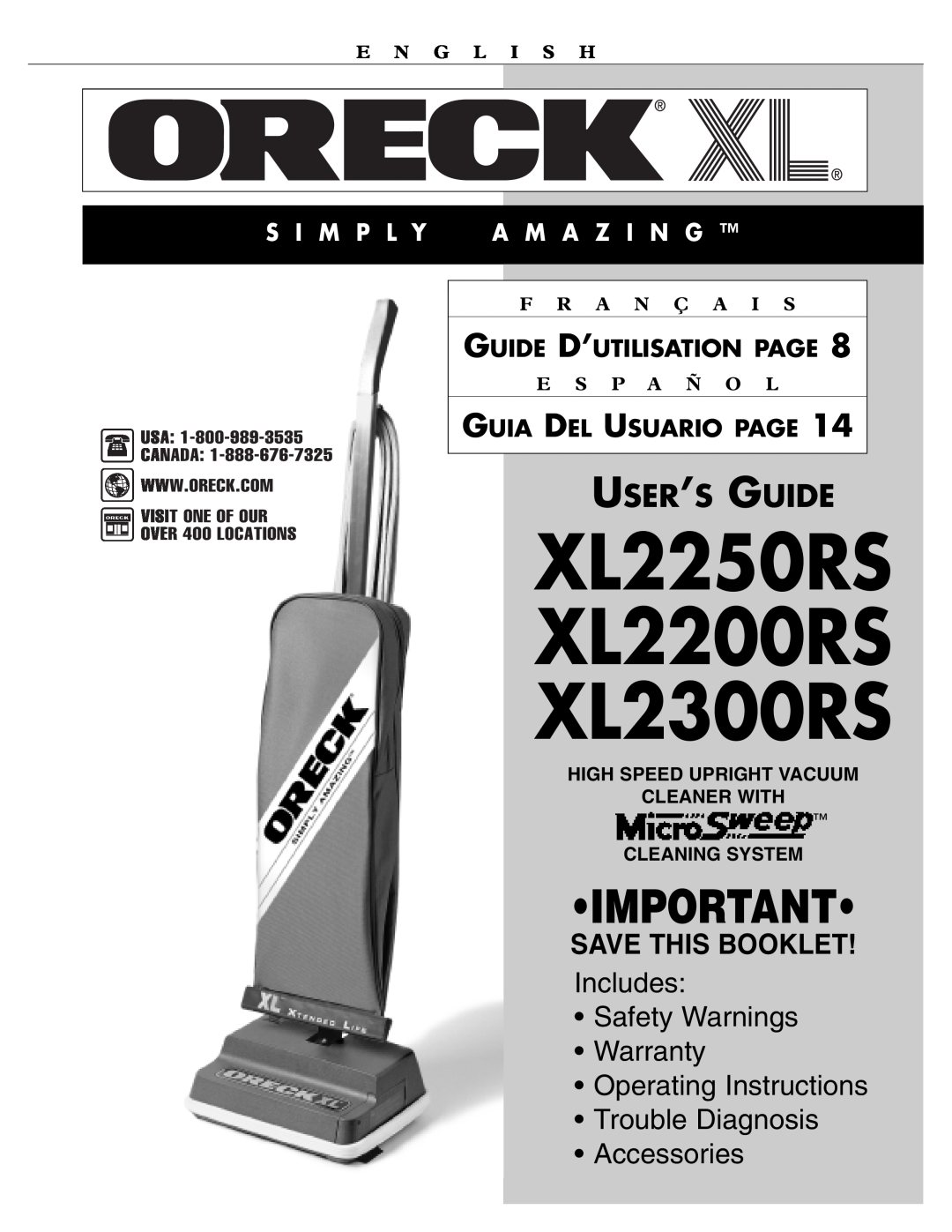 Oreck XL2300RS warranty S I M P L Y A M A Z I N G, Guide D’Utilisation Page, Guia Del Usuario Page, E N G L I S H 