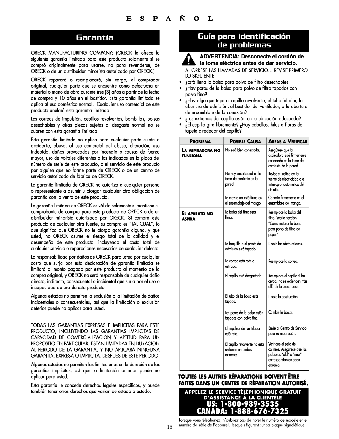 Oreck XL2300RS Garantía, Guía para identificación de problemas, Us Canada, E S P A Ñ O L, D’Assistance À La Clientèle 