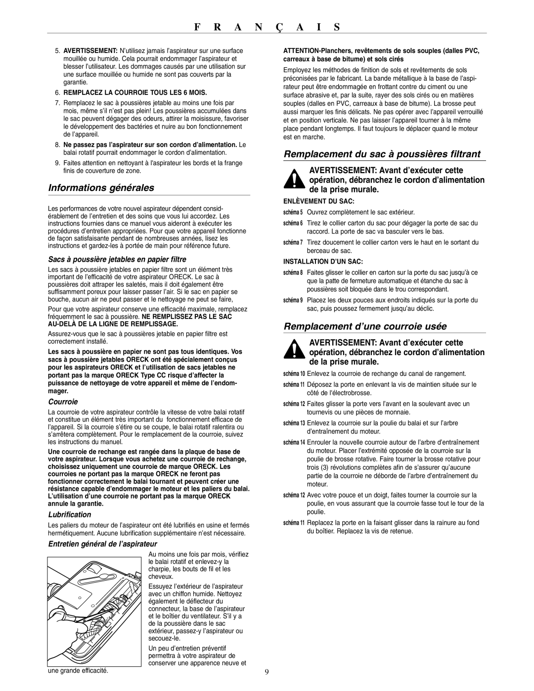 Oreck XL2310RS warranty Informations générales, Remplacement du sac à poussières filtrant, Remplacement d’une courroie usée 