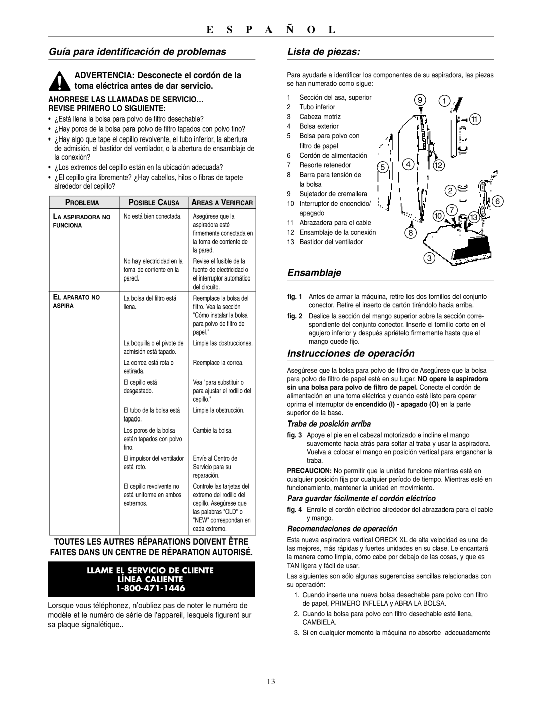 Oreck XL2310RS warranty Guía para identificación de problemas, Lista de piezas, Ensamblaje, Instrucciones de operación 