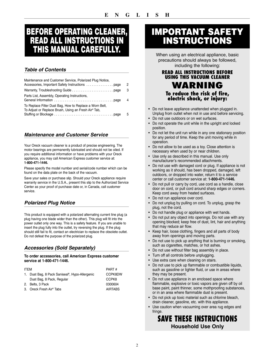 Oreck XL2310RS Table of Contents, Maintenance and Customer Service, Polarized Plug Notice, Accessories Sold Separately 