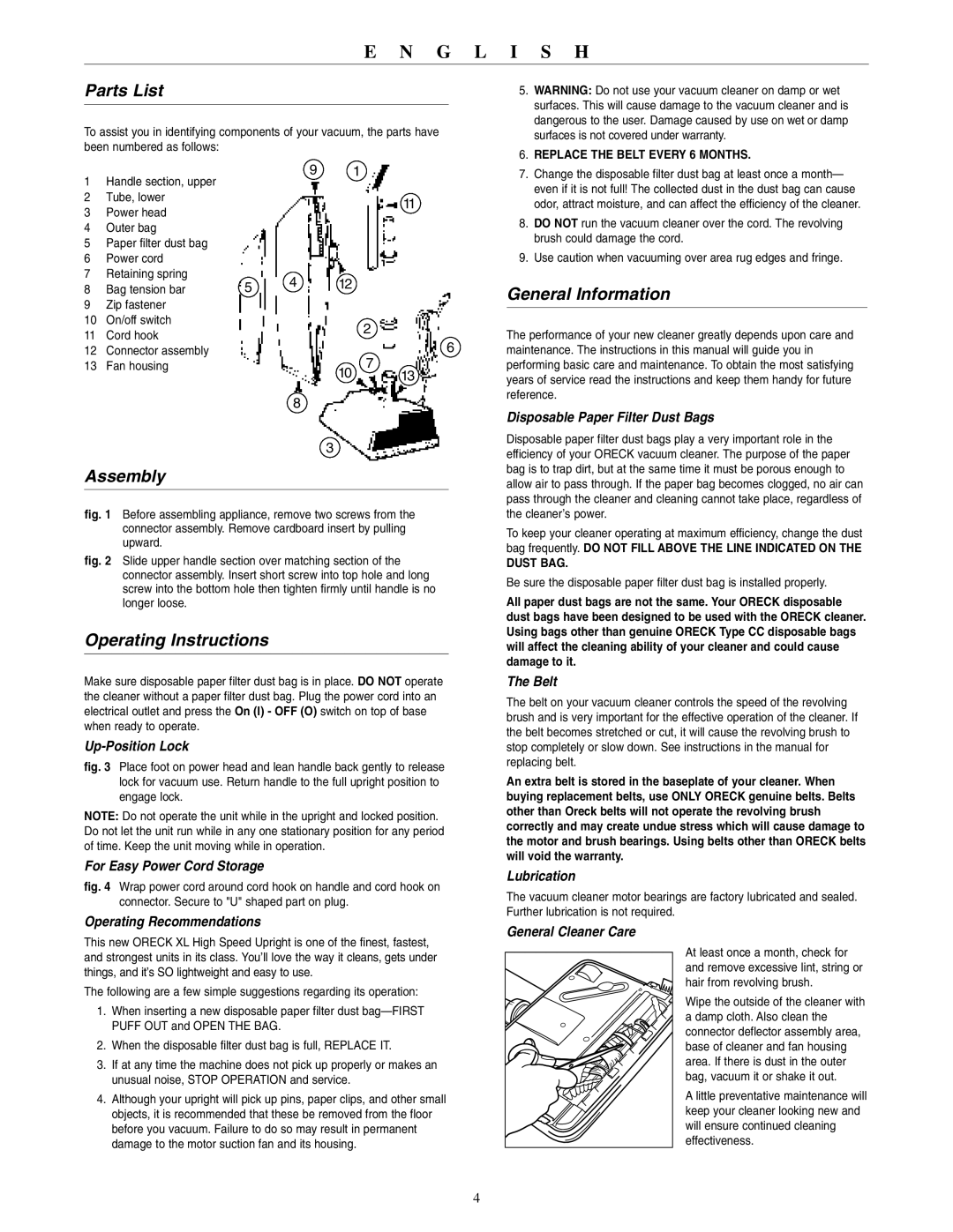 Oreck XL2310RS warranty Parts List, Assembly, Operating Instructions, General Information 