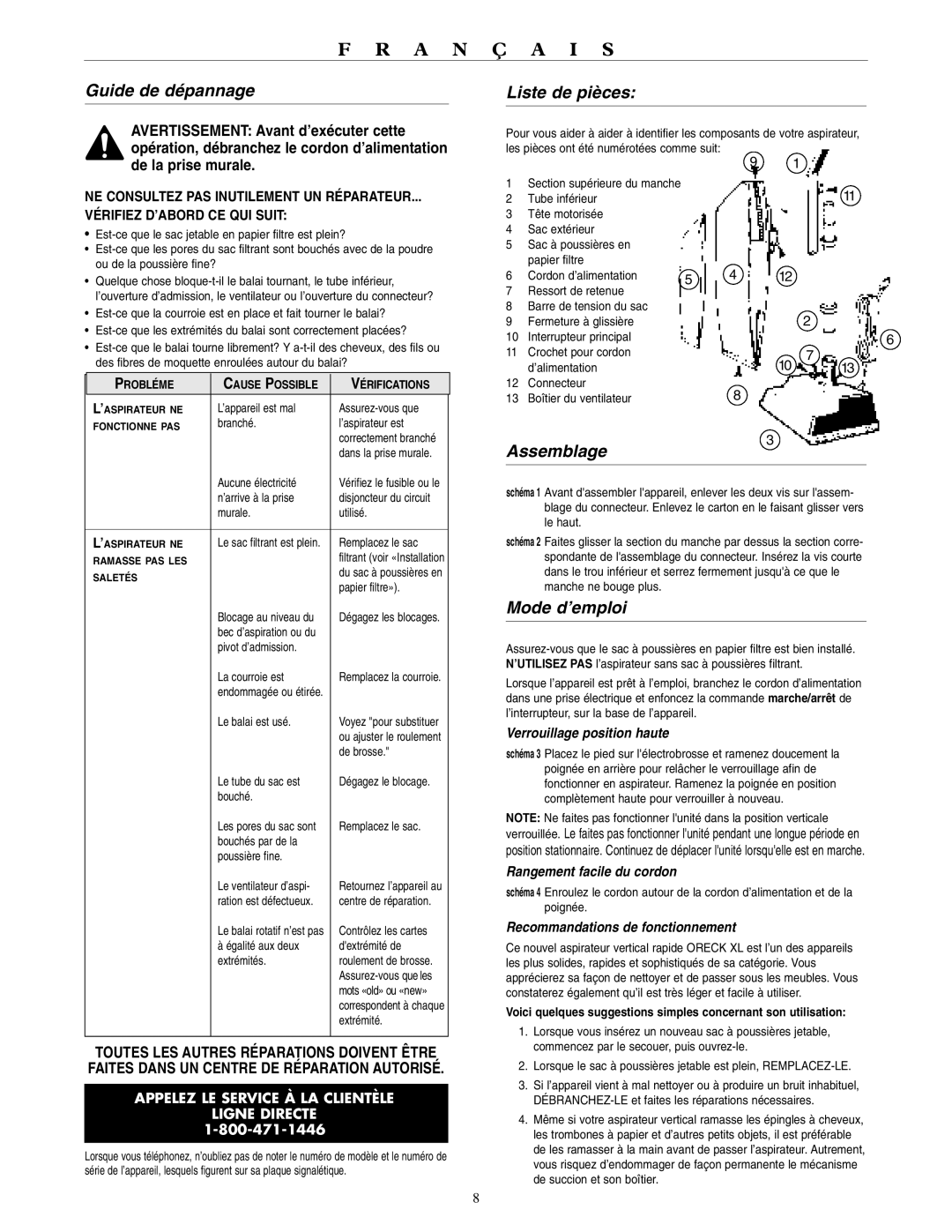 Oreck XL2310RS warranty Guide de dépannage, Liste de pièces, Assemblage, Mode d’emploi 