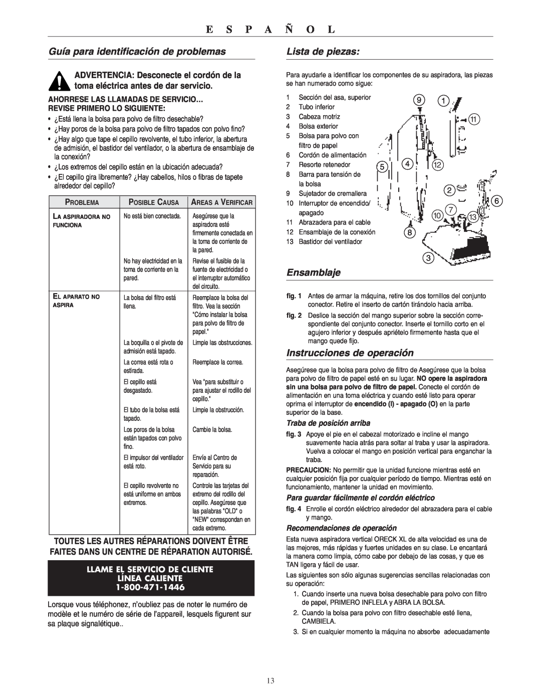 Oreck XL2310RS warranty Guía para identificación de problemas, Lista de piezas, Ensamblaje, Instrucciones de operación 