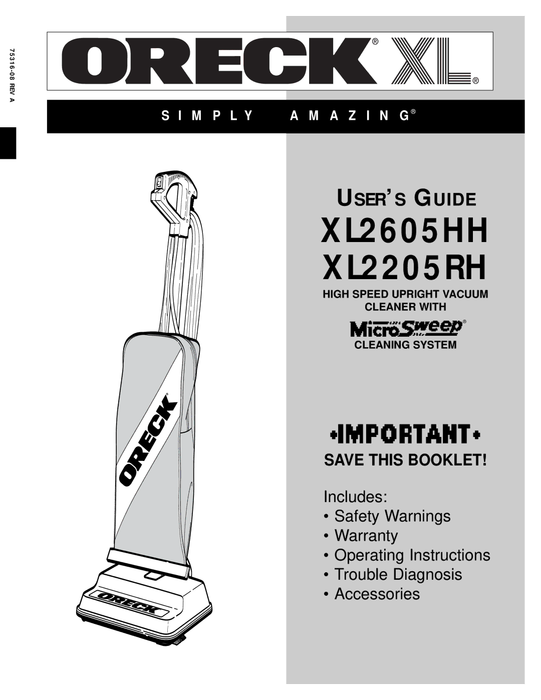 Oreck warranty XL2605HH XL2205RH 