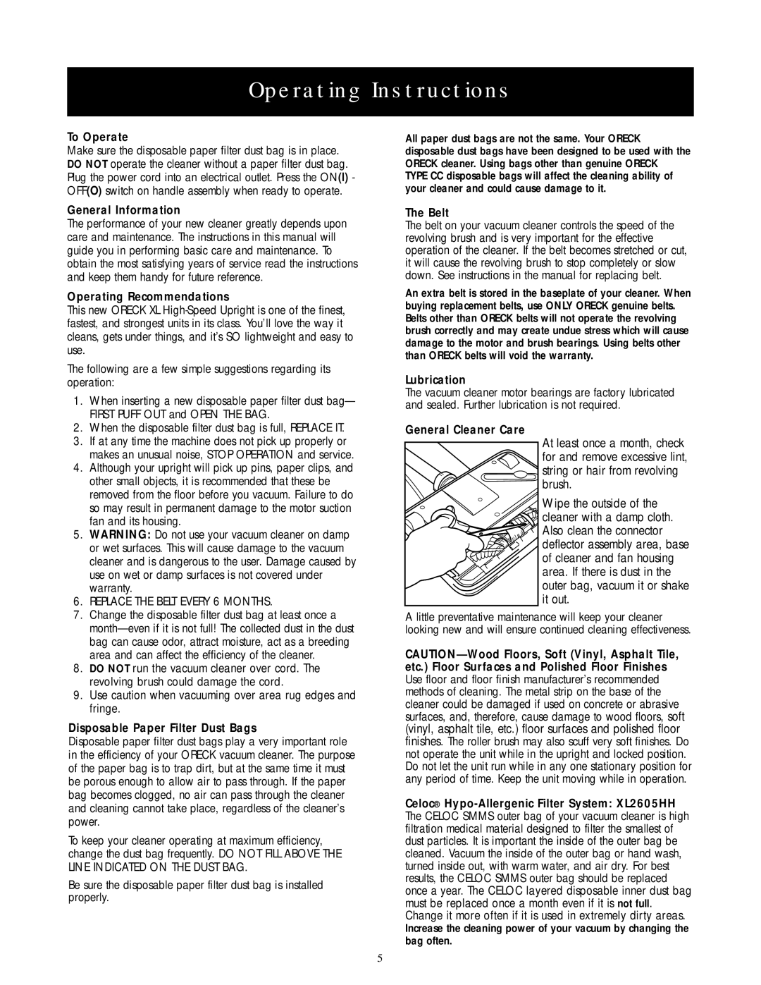 Oreck XL2205RH, XL2605HH warranty Operating Instructions 