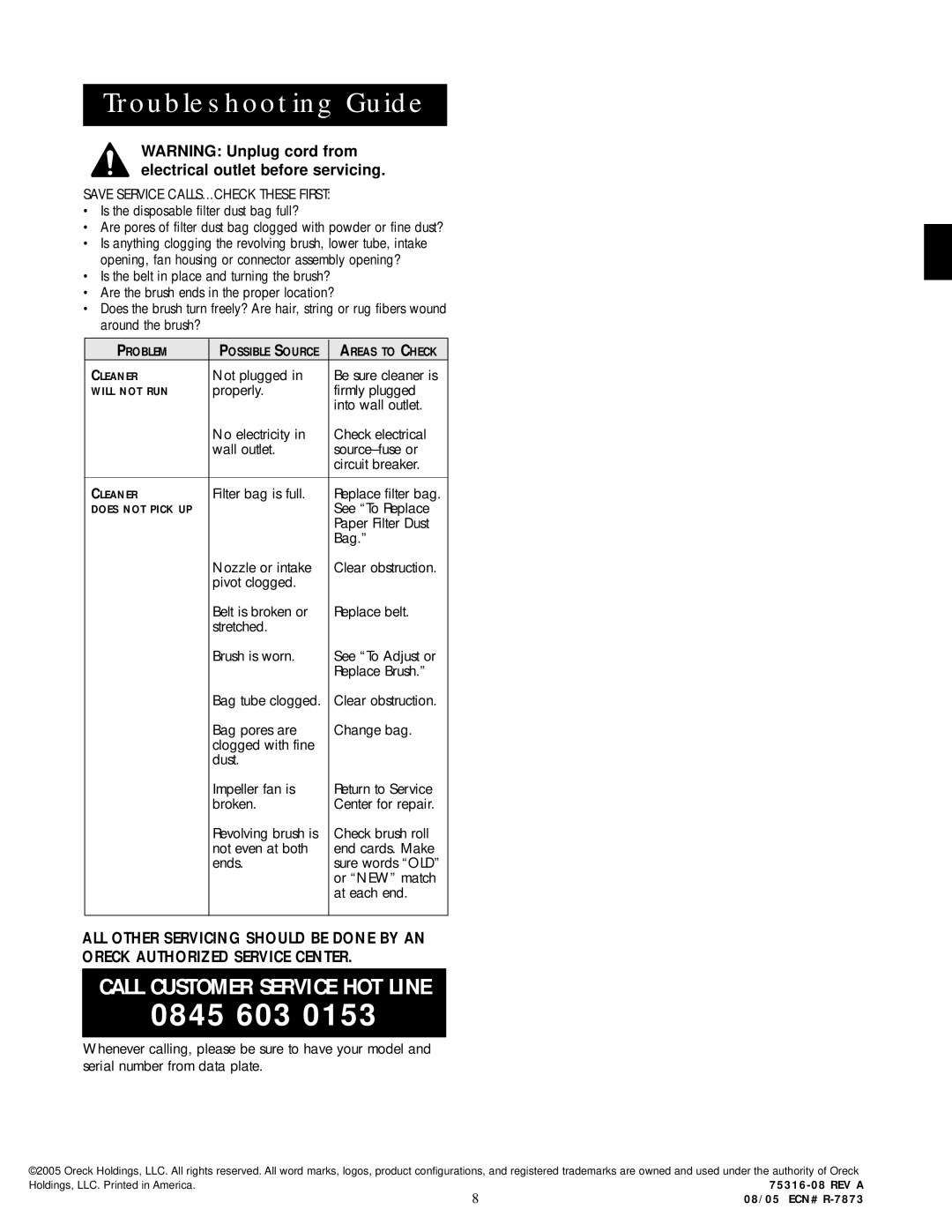 Oreck XL2605HH, XL2205RH warranty Troubleshooting Guide, Save Service CALLS...CHECK These First 