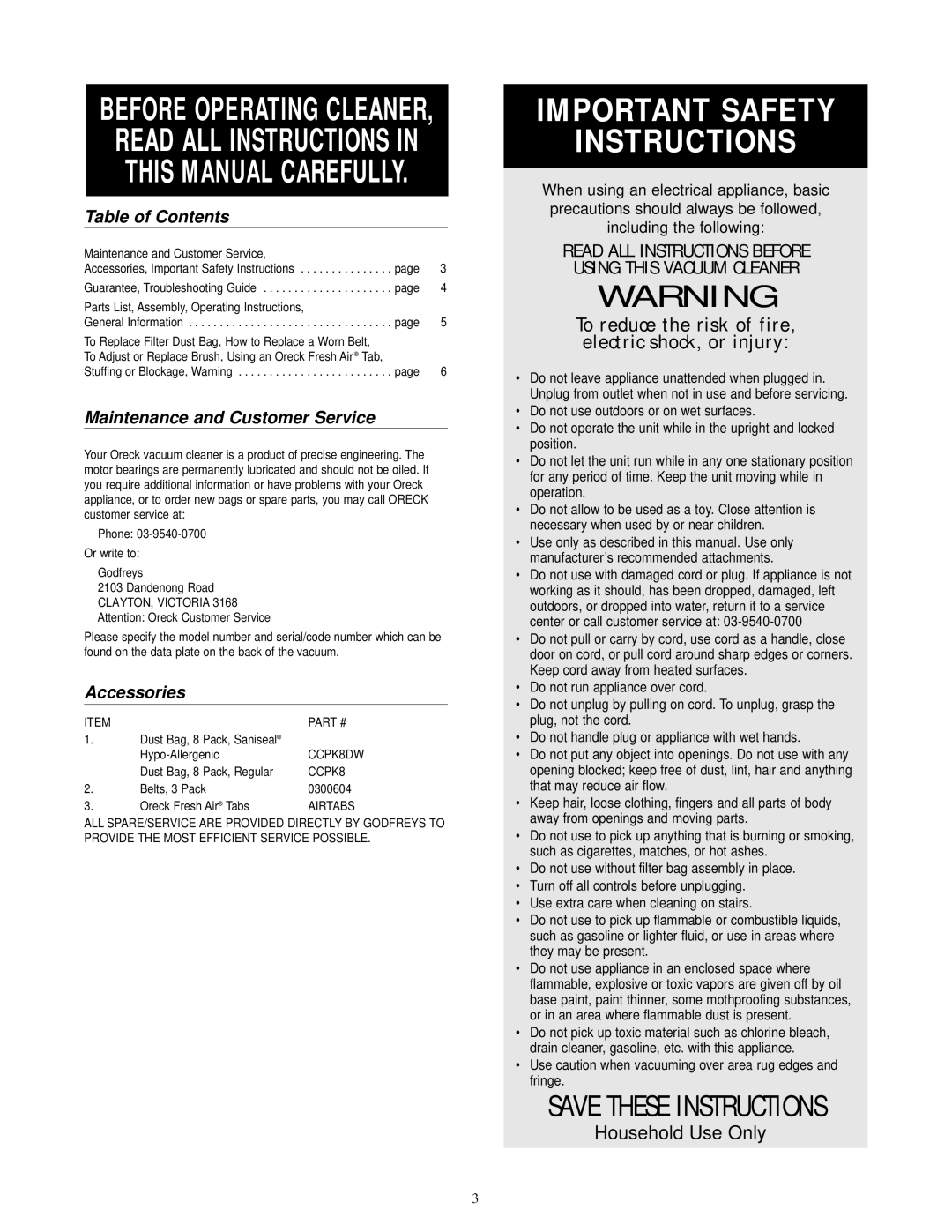 Oreck XL2606HH To reduce the risk of fire, electric shock, or injury, Table of Contents, Maintenance and Customer Service 