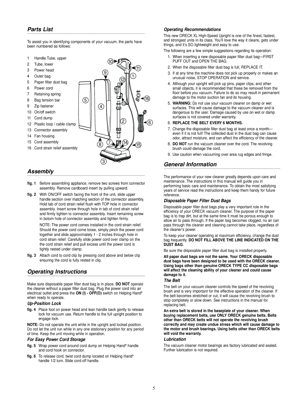 Oreck XL2606HH warranty Parts List, Assembly, Operating Instructions, General Information 