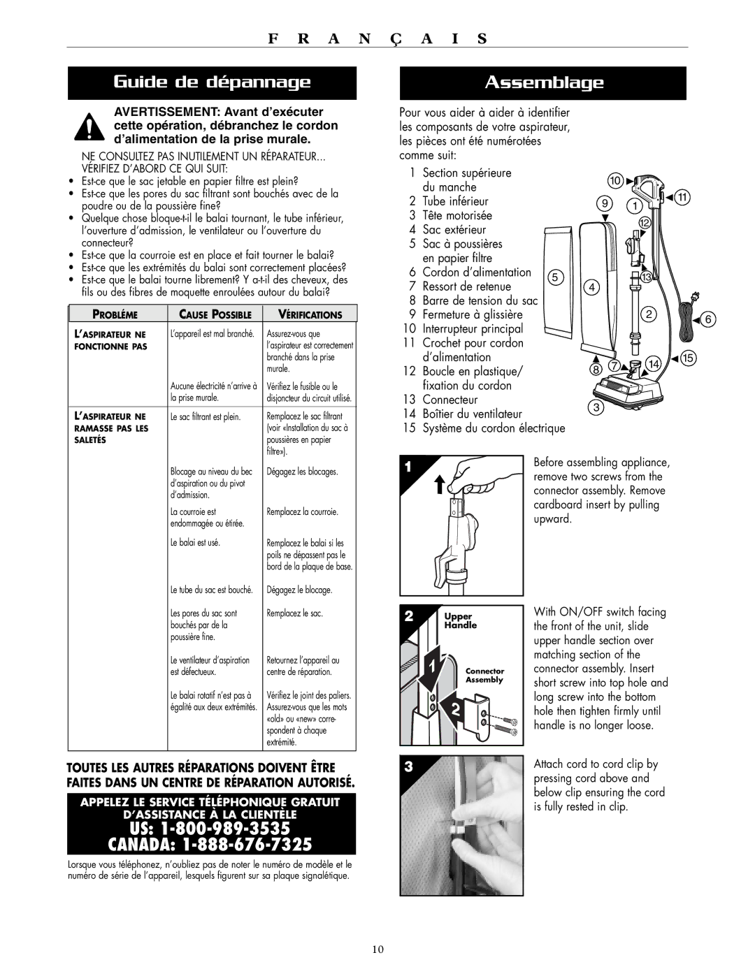 Oreck XL2700RH, XL2700HH, XL2610HH, XL2600HH Guide de dépannage Assemblage, Tube inférieur Tête motorisée Sac extérieur 