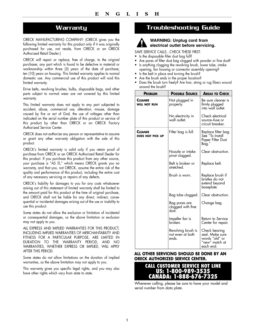 Oreck XL2600HH, XL2700HH, XL2610HH, XL2700RH warranty Warranty, Troubleshooting Guide 