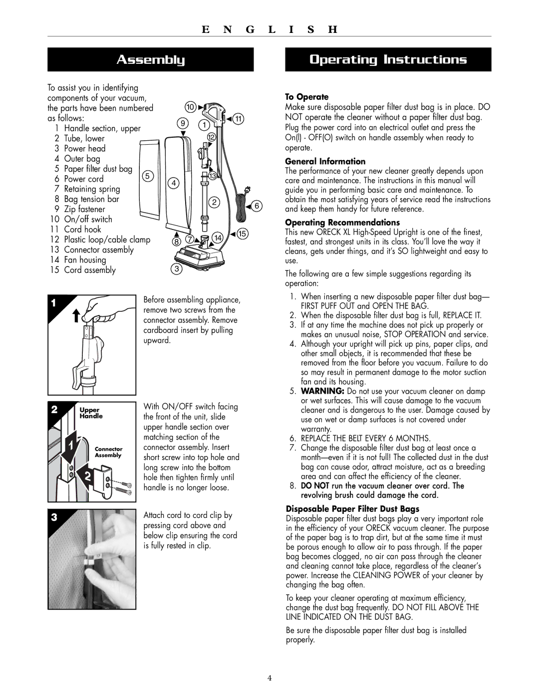 Oreck XL2700HH, XL2610HH, XL2700RH, XL2600HH warranty Assembly Operating Instructions 