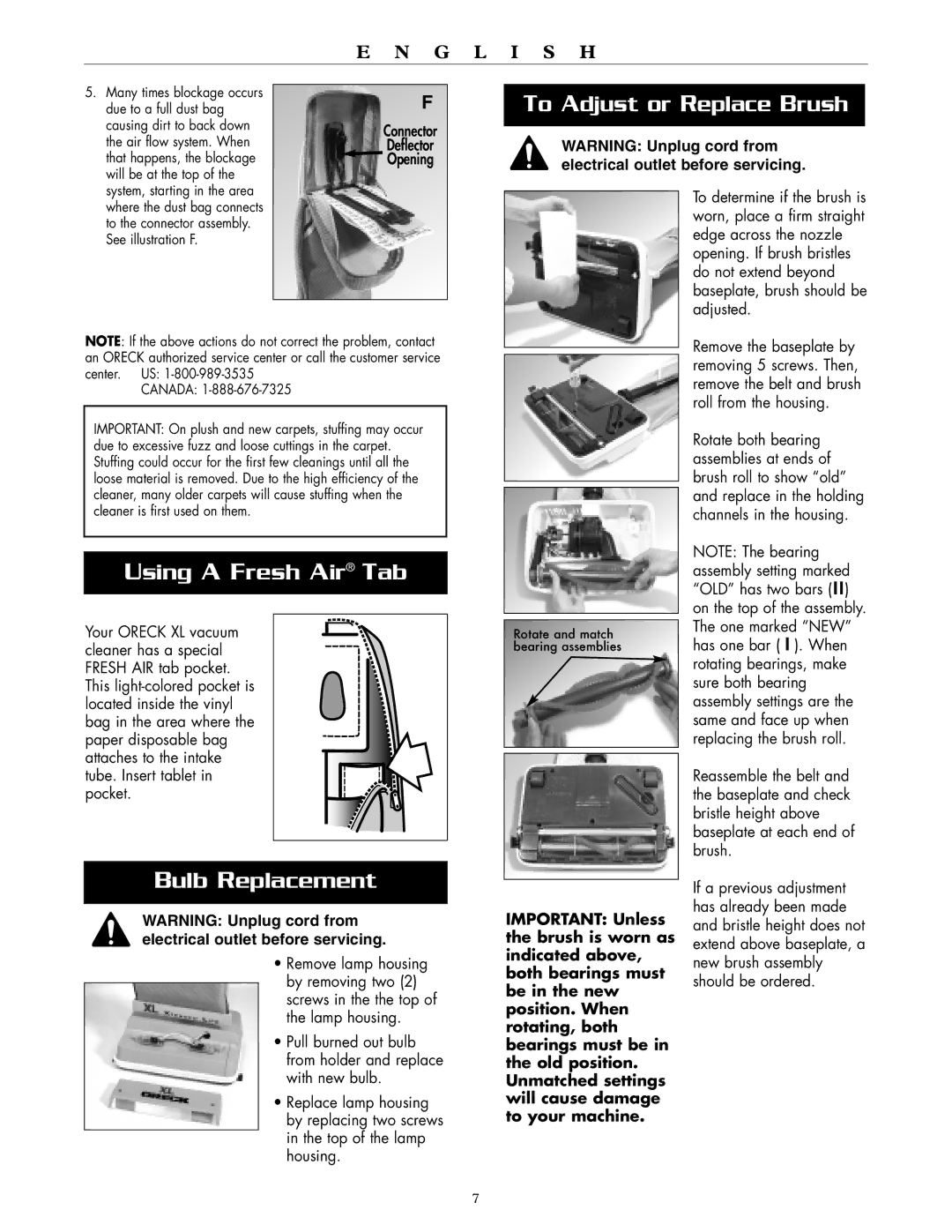 Oreck XL2600HH To Adjust or Replace Brush, Using a Fresh Air Tab, Bulb Replacement, Connector Deflector Opening, Canada 