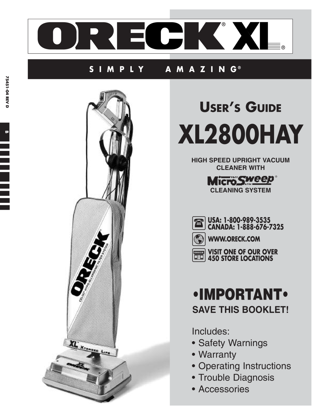 Oreck XL2800HAY warranty User’S Guide, High Speed Upright Vacuum Cleaner With, Cleaning System, Save This Booklet, Rev D 
