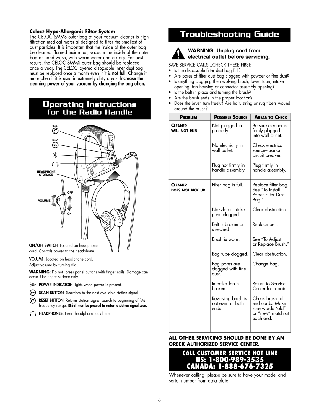 Oreck XL2800HAY warranty Troubleshooting Guide, Operating Instructions for the Radio Handle, Us Canada 