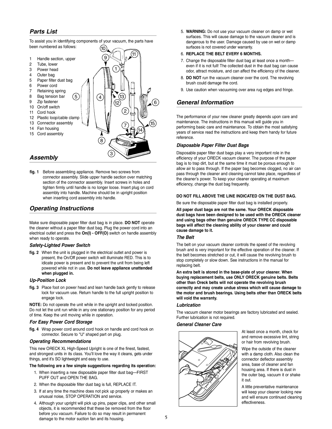 Oreck XL3600RH warranty Parts List, General Information, Assembly, Operating Instructions 