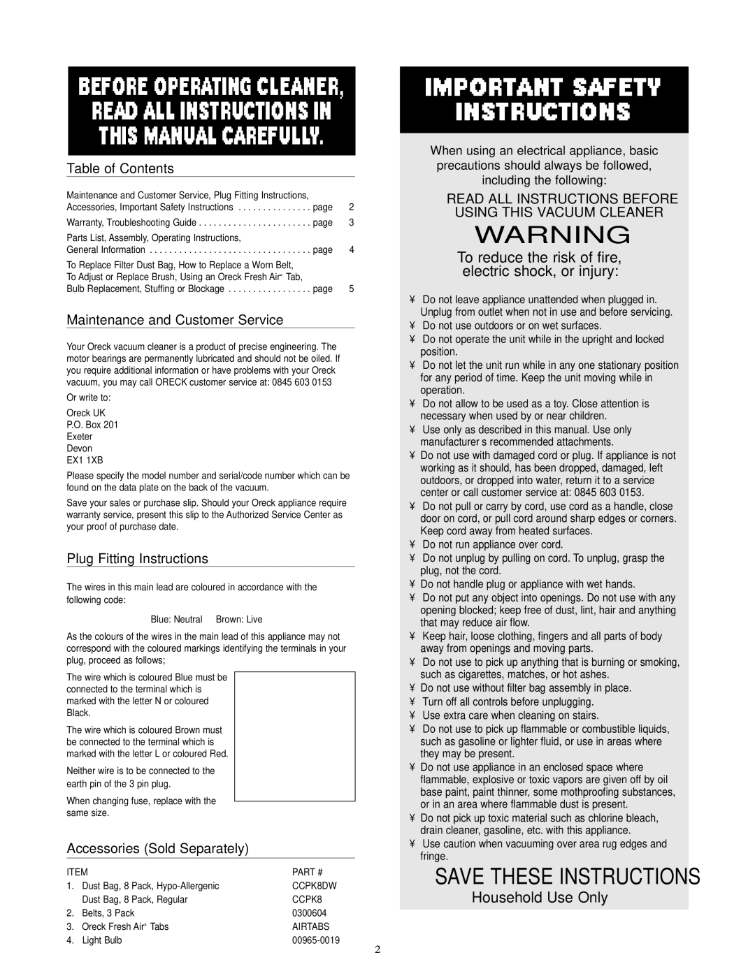 Oreck XL3605HH Table of Contents, Maintenance and Customer Service, Plug Fitting Instructions, Accessories Sold Separately 