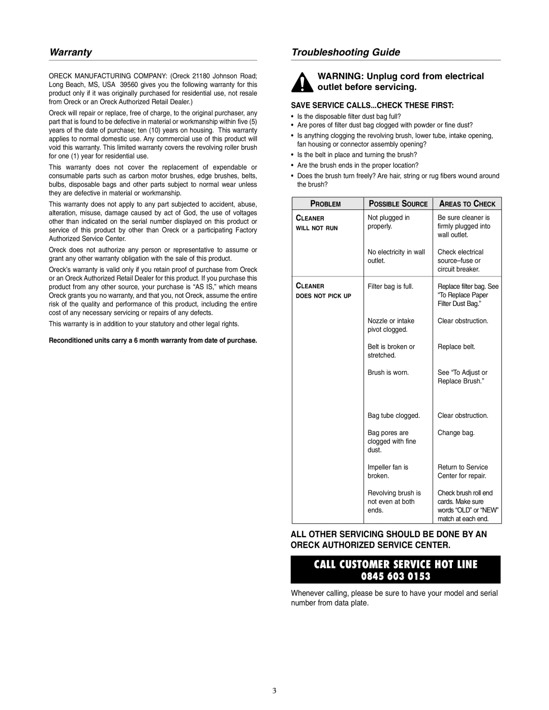 Oreck XL3605HH warranty Warranty, Troubleshooting Guide 