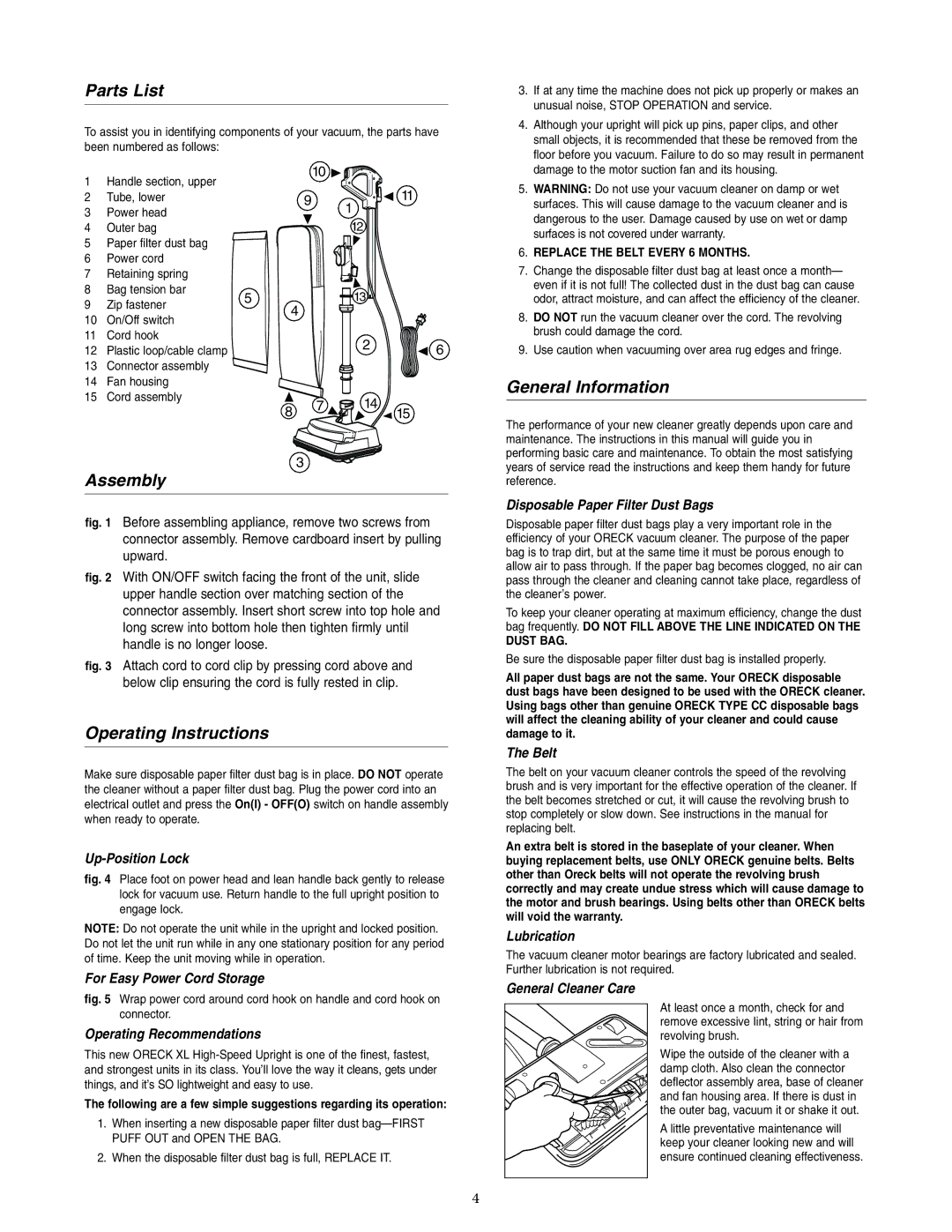 Oreck XL3605HH warranty Parts List, Assembly, Operating Instructions, General Information 