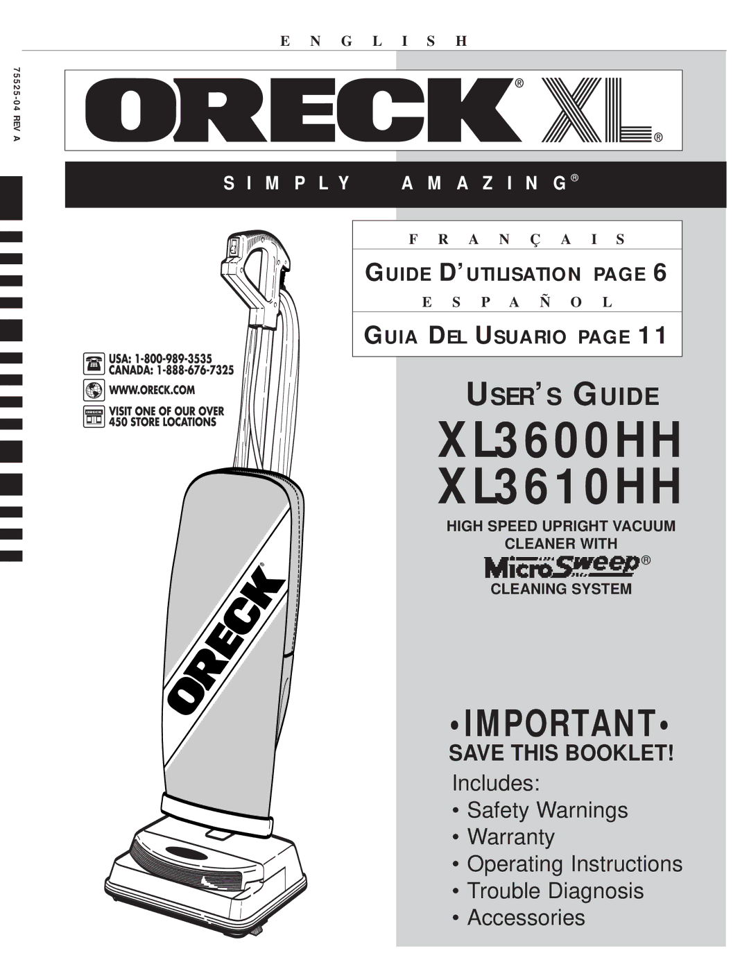 Oreck warranty XL3600HH XL3610HH 