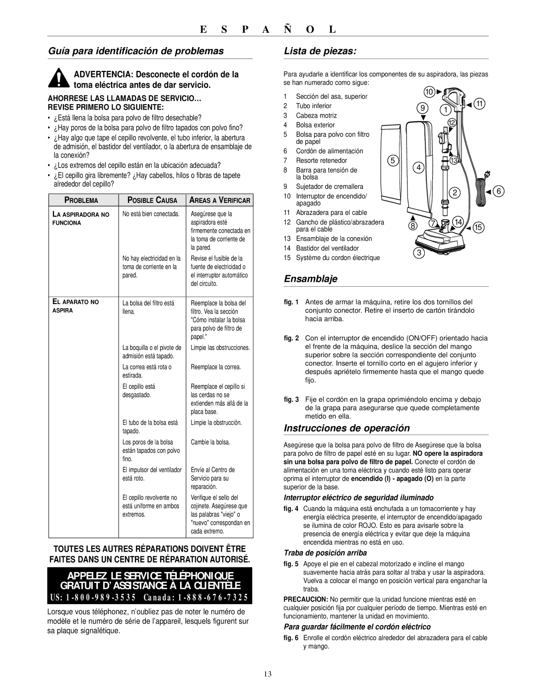 Oreck XL3610HH, XL3600HH Guía para identificación de problemas, Lista de piezas, Ensamblaje, Instrucciones de operación 