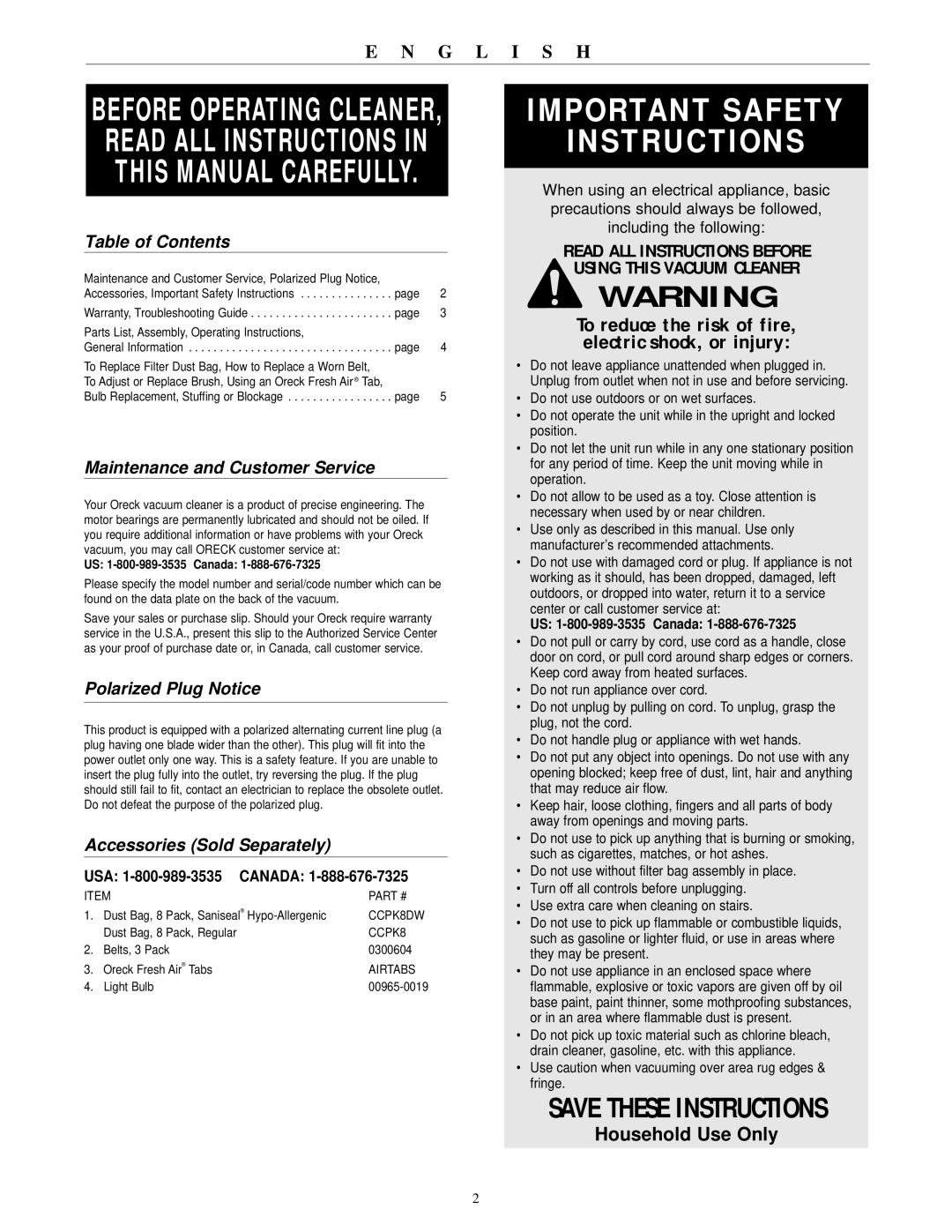 Oreck XL3600HH Table of Contents, Maintenance and Customer Service, Polarized Plug Notice, Accessories Sold Separately 