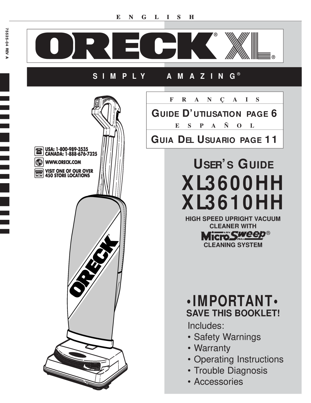 Oreck XL3600HH warranty Save This Booklet, Guide D’Utilisation Page, Guia Del Usuario Page, E N G L I S H, F R A N Ç A 