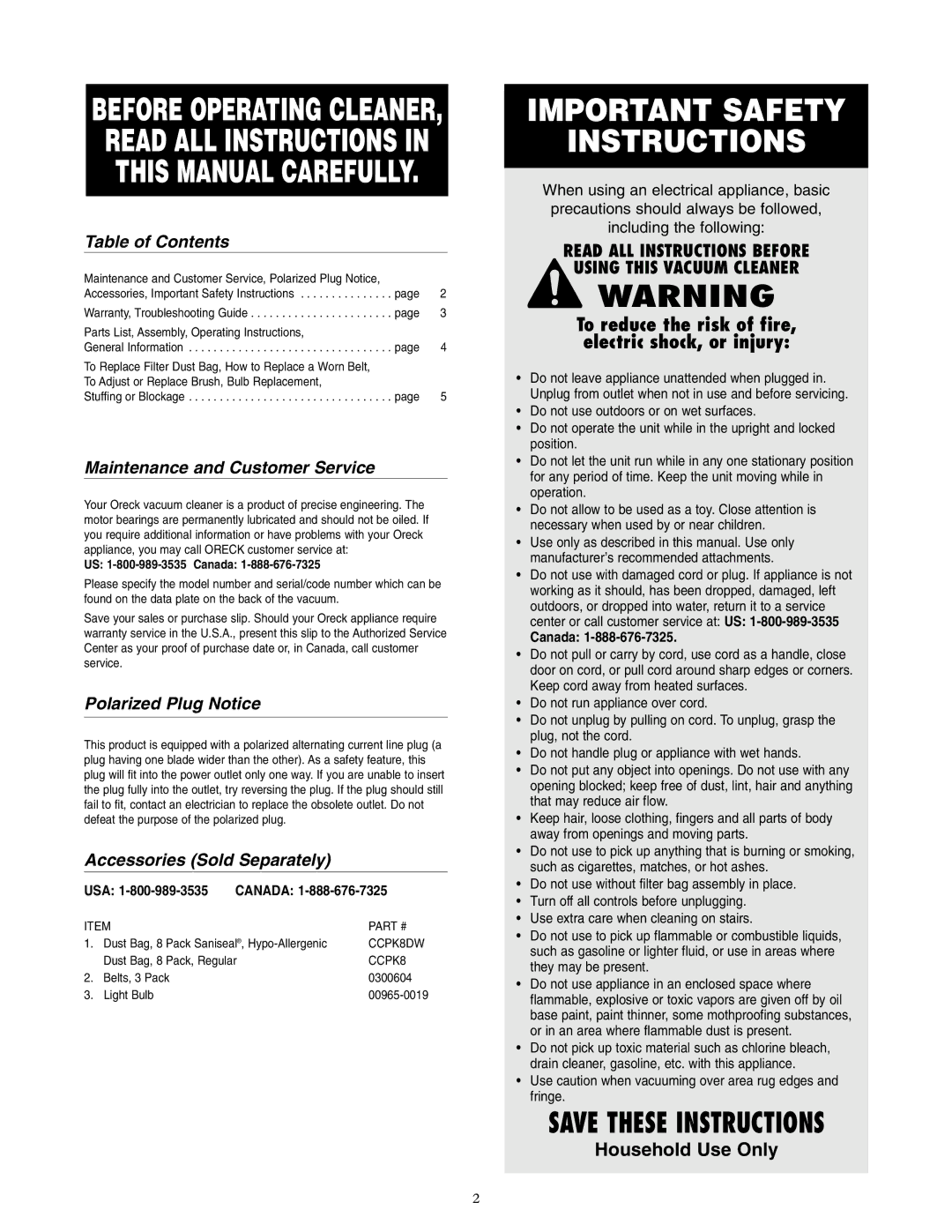 Oreck XL3640HH Table of Contents, Maintenance and Customer Service, Polarized Plug Notice, Accessories Sold Separately 