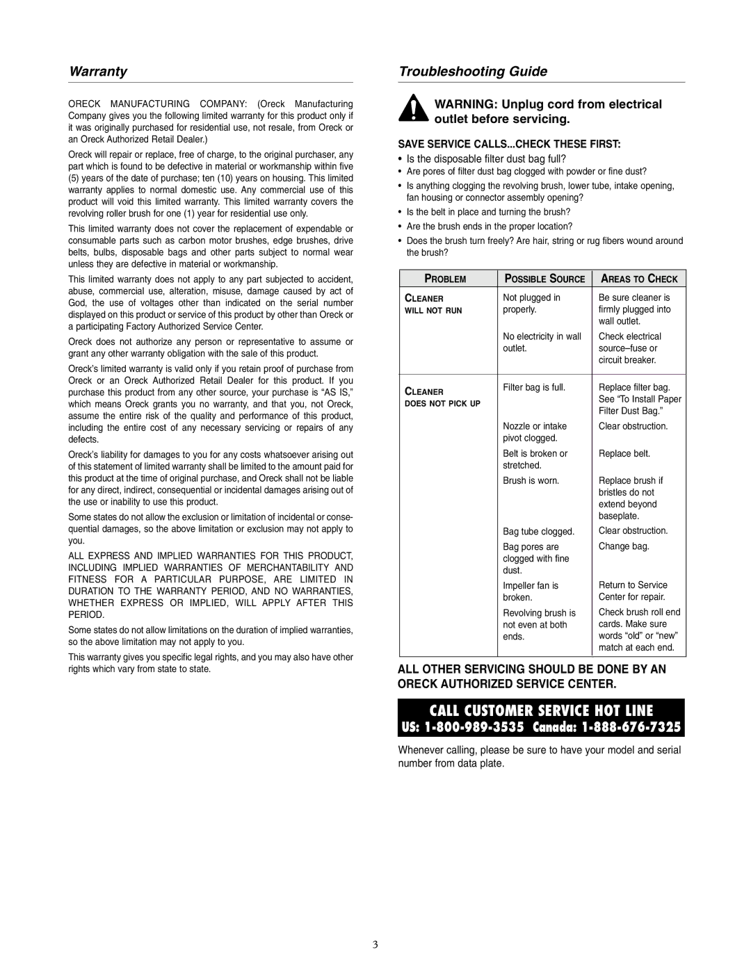 Oreck XL3640HH warranty Warranty, Troubleshooting Guide 