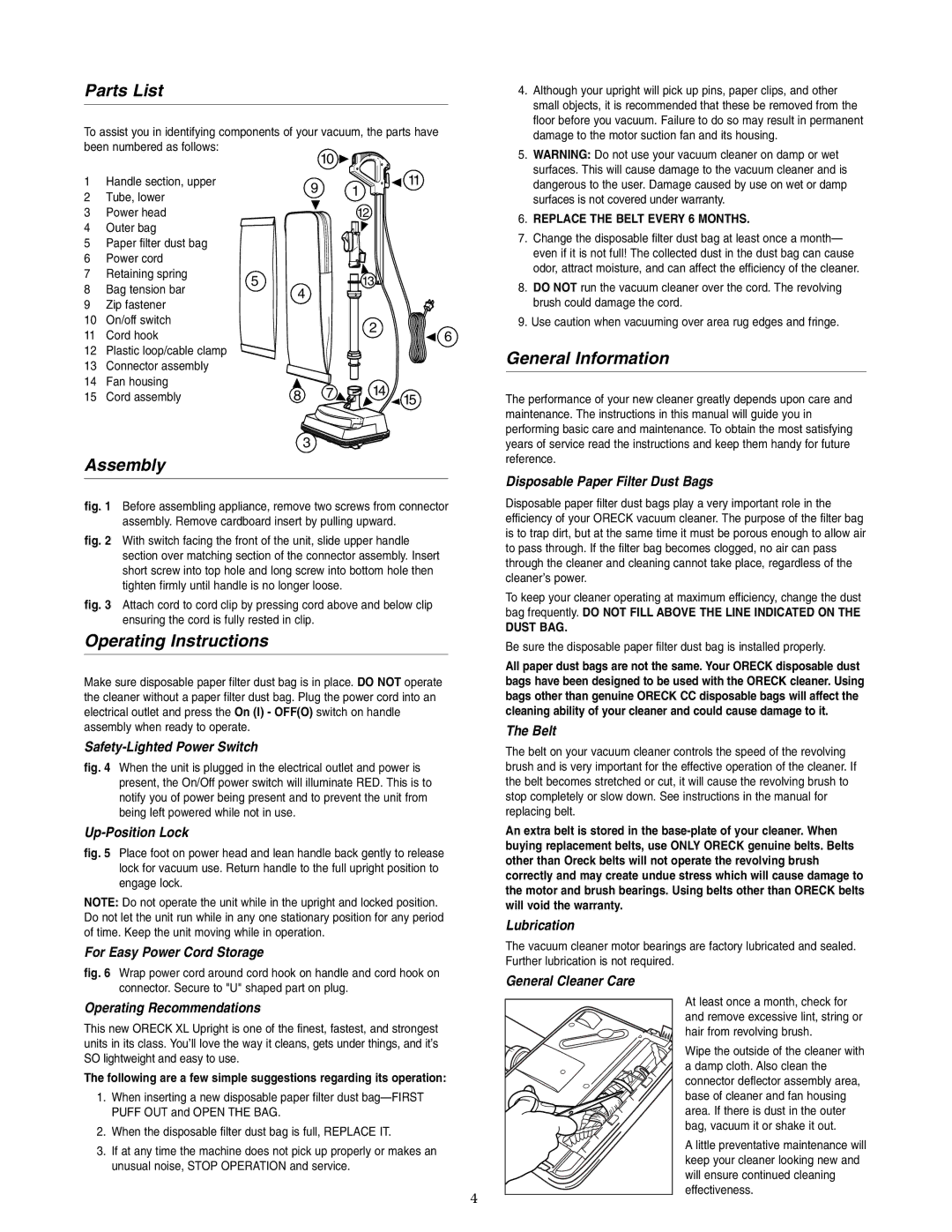 Oreck XL3640HH warranty Parts List, Assembly, Operating Instructions, General Information 