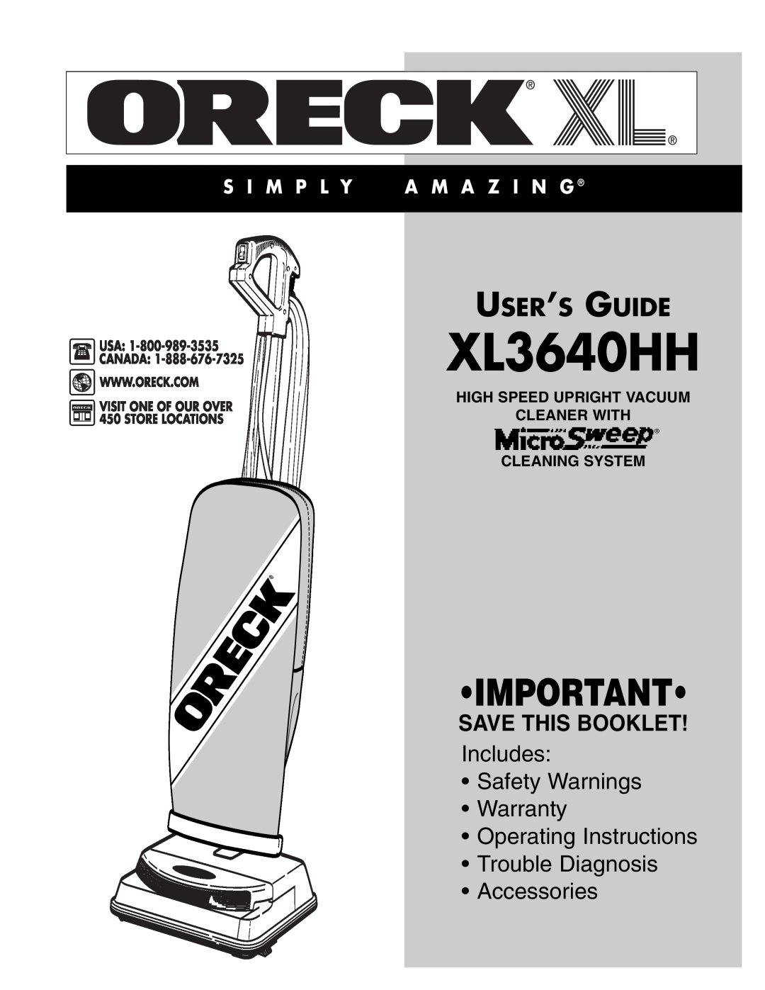 Oreck XL3640HH warranty High Speed Upright Vacuum Cleaner With, Cleaning System, User’S Guide, Save This Booklet 