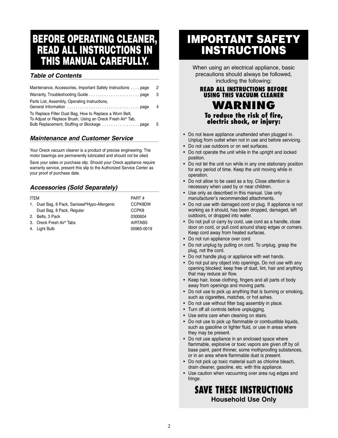 Oreck XL36R7HH warranty Table of Contents, Maintenance and Customer Service, Accessories Sold Separately 