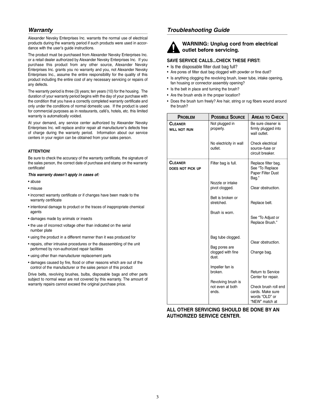 Oreck XL36R7HH warranty Warranty, Troubleshooting Guide 