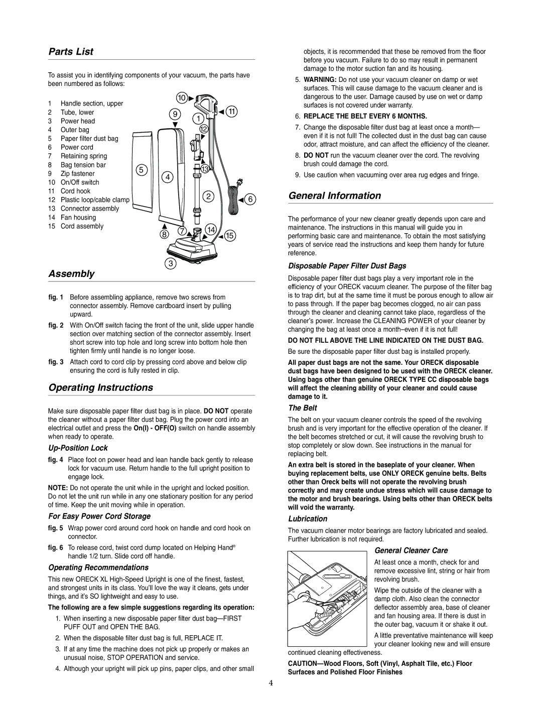 Oreck XL36R7HH warranty Parts List, Assembly, Operating Instructions, General Information 