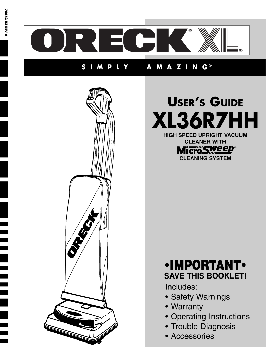 Oreck XL36R7HH warranty High Speed Upright Vacuum Cleaner With, Cleaning System, User’S Guide, Save This Booklet 