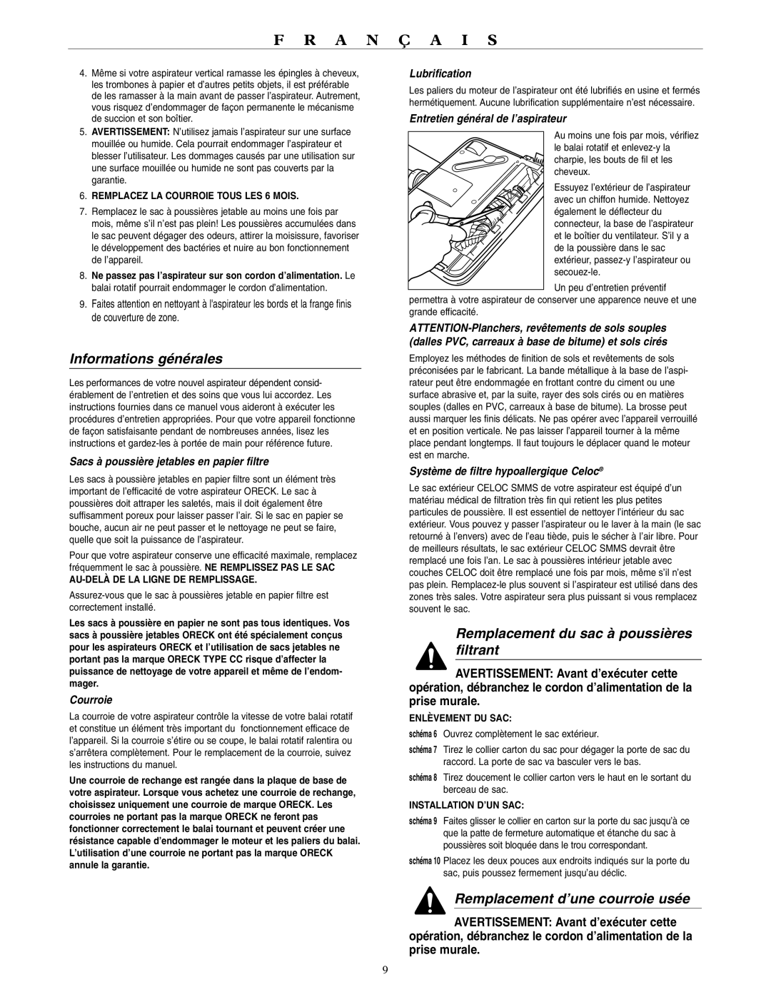 Oreck XL3910H2 warranty Informations générales, Remplacement du sac à poussières filtrant, Remplacement d’une courroie usée 