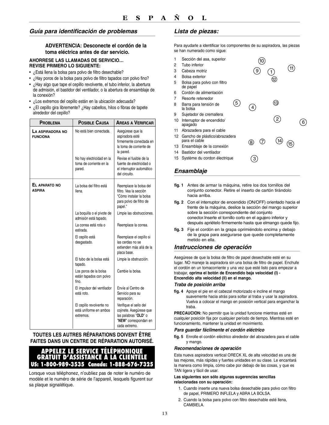 Oreck XL3910H2, XL3900H2 Guía para identificación de problemas, Lista de piezas, Ensamblaje, Instrucciones de operación 