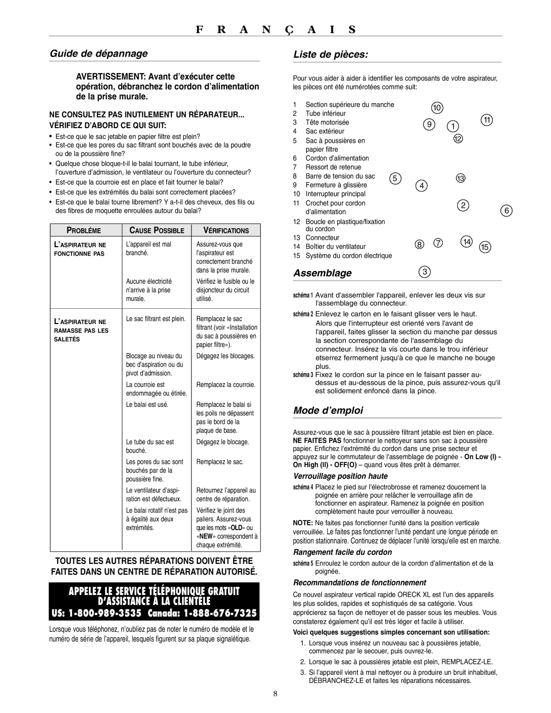 Oreck XL3900H2, XL3910H2 warranty Guide de dépannage, Liste de pièces, Assemblage, Mode d’emploi 