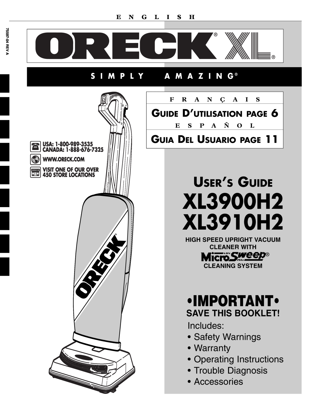 Oreck XL3900H2, XL3910H2 warranty Guide D’Utilisation Page, Guia Del Usuario Page, E N G L I S H, F R A N Ç A, E S P A Ñ O 