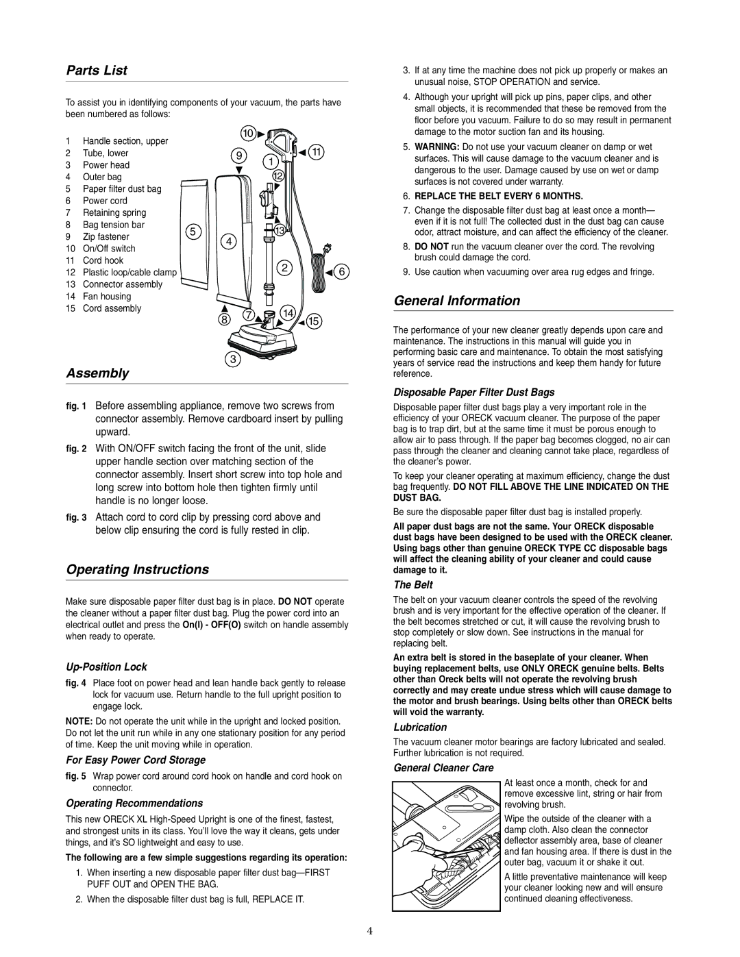 Oreck XL5-105HH warranty Parts List, Assembly, Operating Instructions, General Information 